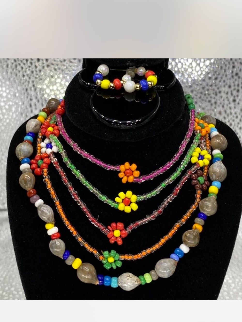 *** Multicolor ^^^ Seed Beaded Flower 🌹 Layered Necklaces x 5 / earrings  ^*^